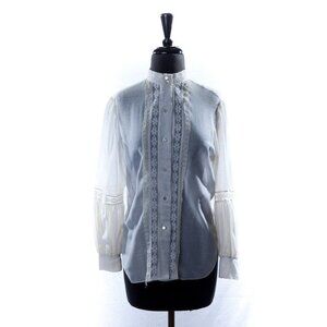 Vintage 1970's Neiman Marcus White Eyelet Floral Lace Blouse Pearl Buttons Long